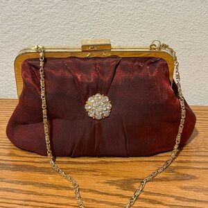 Vintage Brushed Satin Burgundy Clutch with Gold Accents